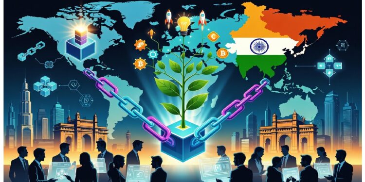 Cubo blockchain con planta creciendo sobre mapa de India, rodeado de iconos cripto, cadenas digitales y profesionales colaborando, simbolizando innovación tecnológica sostenible.