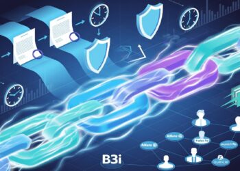 Cadena digital brillante rodeada de iconos de seguros, documentos y empresas globales, simbolizando cómo blockchain impulsa transparencia, eficiencia y seguridad en el sector.