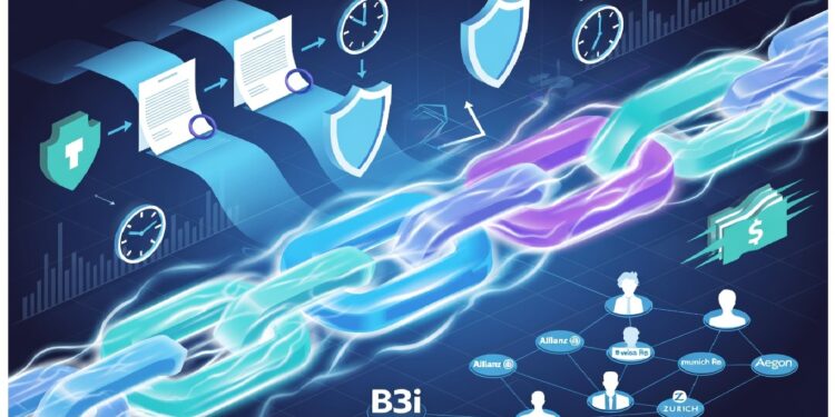 Cadena digital brillante rodeada de iconos de seguros, documentos y empresas globales, simbolizando cómo blockchain impulsa transparencia, eficiencia y seguridad en el sector.