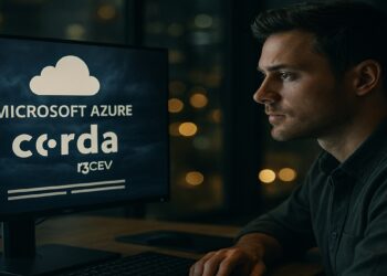 hombre viendo en su pantalla logos de Corda y Microsoft