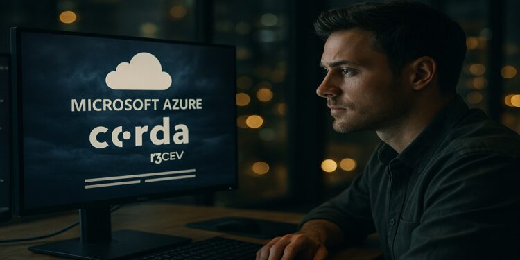 hombre viendo en su pantalla logos de Corda y Microsoft