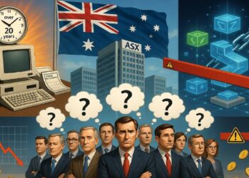 Ejecutivos frente al edificio de la ASX con burbujas de duda, un gráfico en caída, un viejo computador y bloques de cadena brillantes que simbolizan incertidumbre financiera y riesgos tecnológicos en Australia.