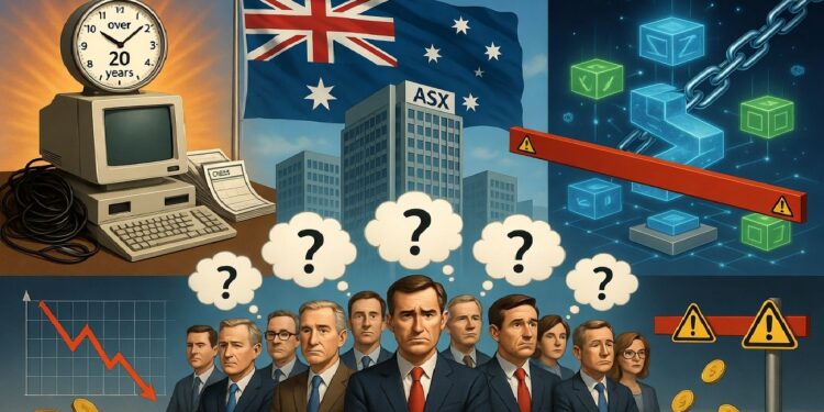 Ejecutivos frente al edificio de la ASX con burbujas de duda, un gráfico en caída, un viejo computador y bloques de cadena brillantes que simbolizan incertidumbre financiera y riesgos tecnológicos en Australia.