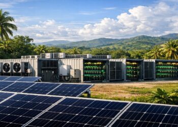 Granja de minería y paneles solares con paisaje de Costa Rica en el fondo.