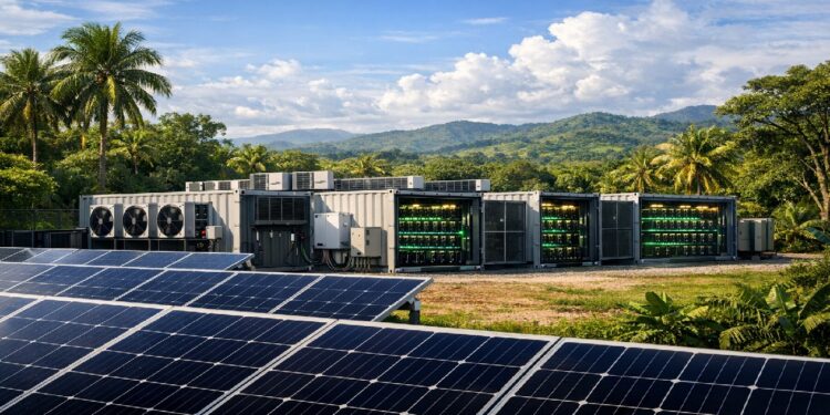 Granja de minería y paneles solares con paisaje de Costa Rica en el fondo.