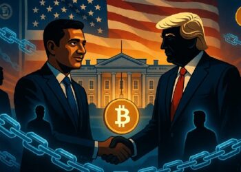 Dos hombres de traje se dan la mano frente a la Casa Blanca, con una bandera estadounidense y un símbolo de Bitcoin brillante rodeado de cadenas y elementos digitales que evocan temas regulatorios.