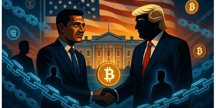 Dos hombres de traje se dan la mano frente a la Casa Blanca, con una bandera estadounidense y un símbolo de Bitcoin brillante rodeado de cadenas y elementos digitales que evocan temas regulatorios.