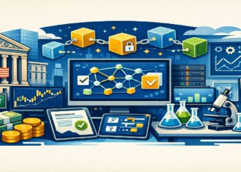 Ilustración editorial sobre el laboratorio blockchain de Deloitte en Wall Street, con elementos financieros, tecnológicos y científicos.