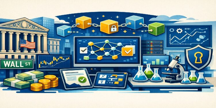Ilustración editorial sobre el laboratorio blockchain de Deloitte en Wall Street, con elementos financieros, tecnológicos y científicos.
