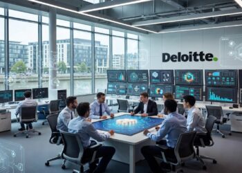 Sala de reuniones moderna con una mesa digital interactiva y pantallas que muestran gráficos y paneles de datos, mientras varias personas colaboran en un entorno corporativo identificado con la marca Deloitte.