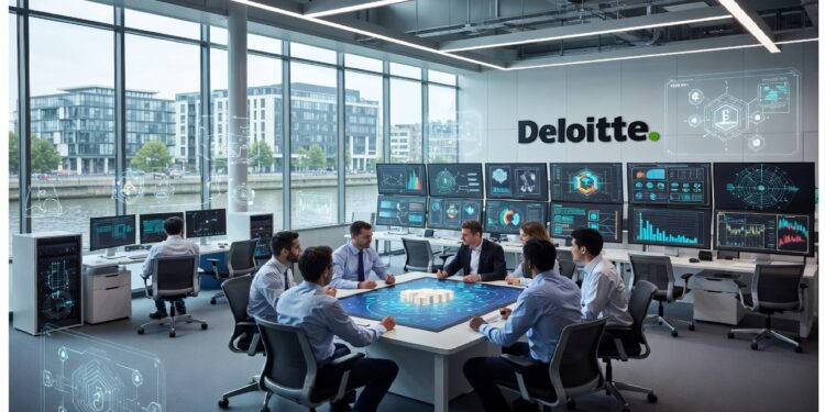 Sala de reuniones moderna con una mesa digital interactiva y pantallas que muestran gráficos y paneles de datos, mientras varias personas colaboran en un entorno corporativo identificado con la marca Deloitte.