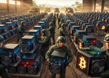 Gran nave con filas de equipos mineros Bitcoin operados por personal uniformado, mostrando una operación cripto industrial de gran escala con fuerte infraestructura tecnológica.