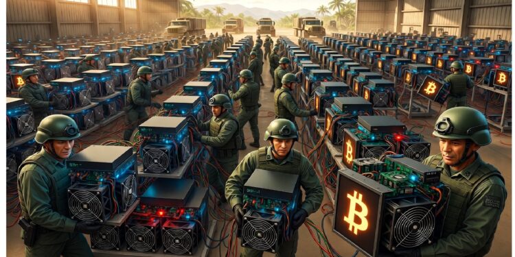 Gran nave con filas de equipos mineros Bitcoin operados por personal uniformado, mostrando una operación cripto industrial de gran escala con fuerte infraestructura tecnológica.