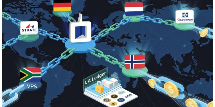 Mapa mundial con líneas de red y cadenas que conectan instituciones financieras de varios países, junto a un ledger digital con símbolos cripto que sugiere colaboración internacional mediante blockchain.