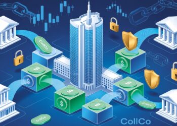 Rascacielos central conectado por flechas a bancos clásicos, rodeado de dinero, monedas CollCo, candados y gráficos, en un entorno digital que sugiere seguridad y redes financieras interconectadas.