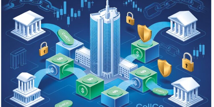 Rascacielos central conectado por flechas a bancos clásicos, rodeado de dinero, monedas CollCo, candados y gráficos, en un entorno digital que sugiere seguridad y redes financieras interconectadas.