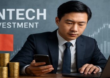 Hombre asiatico viendo la pantalla de una laptop con monedas apiladas al lado.