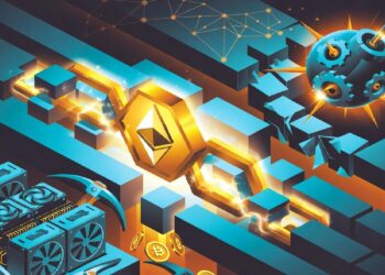 Ilustracion de Ethereum classic entre una bomba a punto de explotar y maquinas de minería.