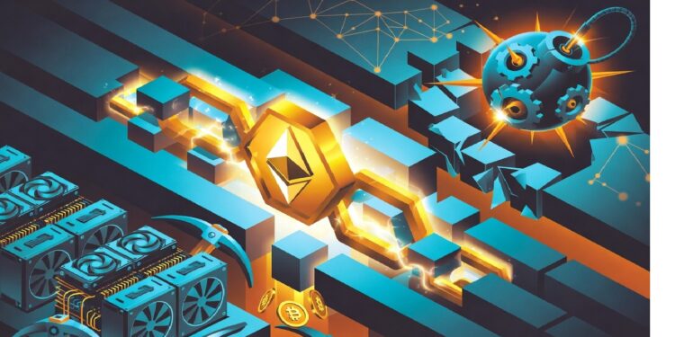 Ilustracion de Ethereum classic entre una bomba a punto de explotar y maquinas de minería.