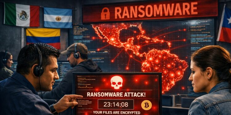Expertos latinoamericanos analizan un ataque de ransomware en una sala de control con mapas, banderas y pantallas de alerta.