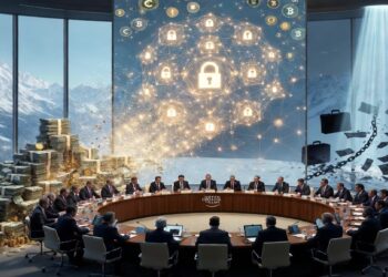 Reunión del Foro Económico Mundial en una sala con vista a montañas nevadas, rodeada de símbolos de dinero, criptomonedas y ciberseguridad que representan debates sobre economía global.