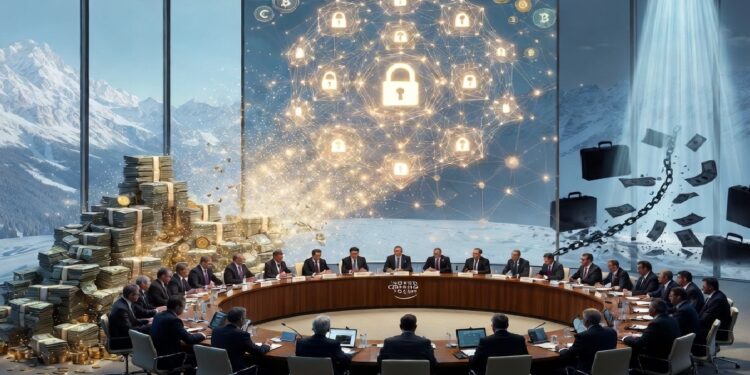 Reunión del Foro Económico Mundial en una sala con vista a montañas nevadas, rodeada de símbolos de dinero, criptomonedas y ciberseguridad que representan debates sobre economía global.