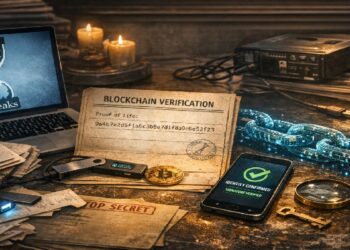 Mesa repleta de documentos clasificados y un certificado de fe de vida con cadenas de blockchain atras.