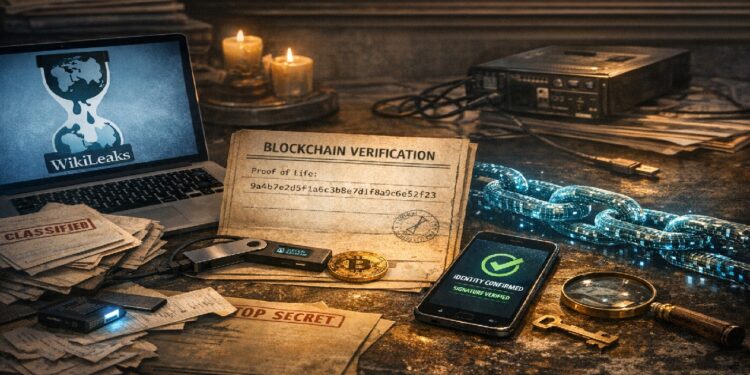 Mesa repleta de documentos clasificados y un certificado de fe de vida con cadenas de blockchain atras.