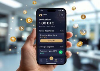 Mano sosteniendo un móvil con una app que muestra tareas pagadas en Bitcoin, rodeado de símbolos brillantes de BTC, en una oficina desenfocada que sugiere un entorno profesional y digital.