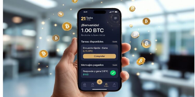 Mano sosteniendo un móvil con una app que muestra tareas pagadas en Bitcoin, rodeado de símbolos brillantes de BTC, en una oficina desenfocada que sugiere un entorno profesional y digital.