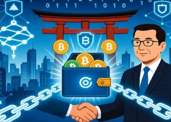 Dos personas estrechan manos frente a un monedero digital brillante con criptomonedas, cadenas y símbolos de red, sobre un fondo urbano con un torii japonés y elementos que evocan seguridad y tecnología.