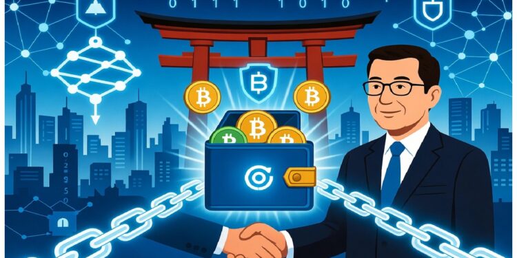 Dos personas estrechan manos frente a un monedero digital brillante con criptomonedas, cadenas y símbolos de red, sobre un fondo urbano con un torii japonés y elementos que evocan seguridad y tecnología.
