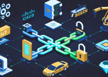 Dos eslabones digitales rodeados de iconos de IoT, móvil, chip, coche y robot, representando conexiones seguras y ecosistema tecnológico interconectado en múltiples industrias.