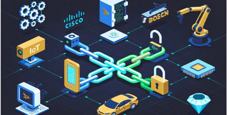 Dos eslabones digitales rodeados de iconos de IoT, móvil, chip, coche y robot, representando conexiones seguras y ecosistema tecnológico interconectado en múltiples industrias.