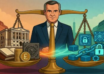 Hombre frente a balanza gigante que compara banca tradicional con símbolos de blockchain e IA, ilustrando el equilibrio entre finanzas clásicas y tecnología digital emergente.
