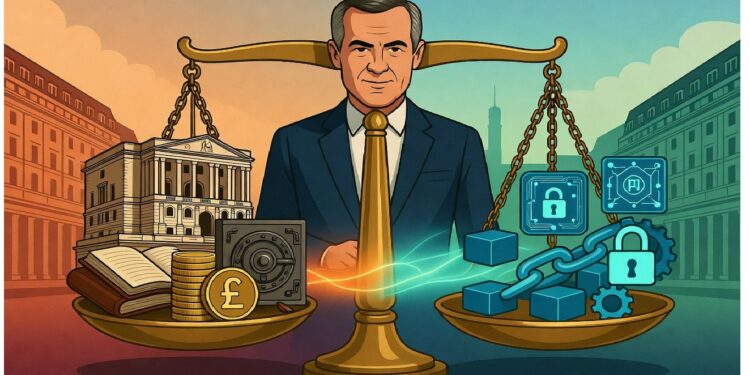 Hombre frente a balanza gigante que compara banca tradicional con símbolos de blockchain e IA, ilustrando el equilibrio entre finanzas clásicas y tecnología digital emergente.