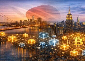 Red blockchain conecta Silicon Valley y Nueva York sobre un fondo urbano, con la bandera japonesa semitransparente detrás.