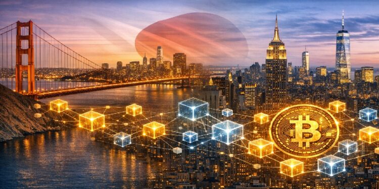 Red blockchain conecta Silicon Valley y Nueva York sobre un fondo urbano, con la bandera japonesa semitransparente detrás.