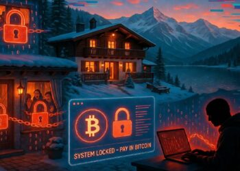 Cabaña nevada con personas atrapadas tras candados digitales, mientras figura ante laptop roja muestra aviso de sistema bloqueado, evocando un ataque de ransomware.