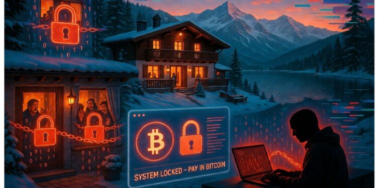 Cabaña nevada con personas atrapadas tras candados digitales, mientras figura ante laptop roja muestra aviso de sistema bloqueado, evocando un ataque de ransomware.