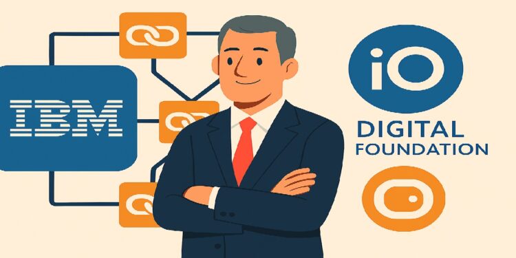 Hombre sonriendo frente a un fondo con varios logos de ibm, blockchain, nodos y una fundacion.