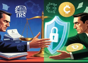 Dos figuras frente a frente contrastan al IRS con documentos y balanza frente a símbolos cripto y seguridad digital, representando tensión entre regulación fiscal y finanzas descentralizadas.