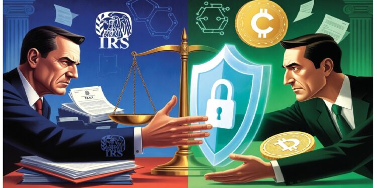 Dos figuras frente a frente contrastan al IRS con documentos y balanza frente a símbolos cripto y seguridad digital, representando tensión entre regulación fiscal y finanzas descentralizadas.