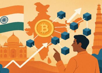 Hombre viendo al horizonte a la bandera de India, a una moneda de bitcoin y unos nodos de blockchain.