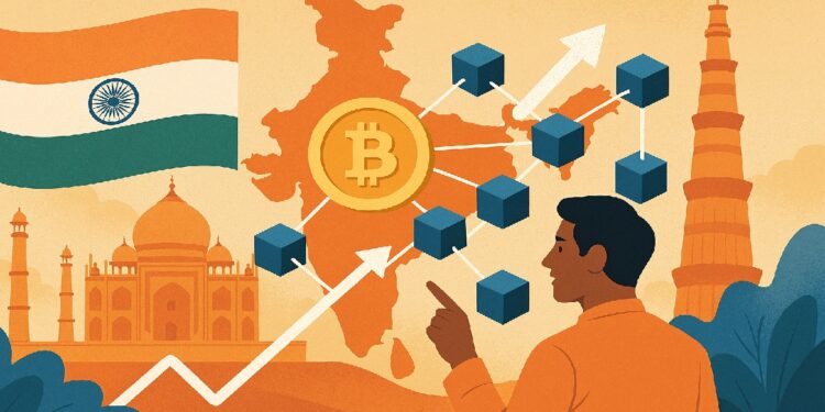 Hombre viendo al horizonte a la bandera de India, a una moneda de bitcoin y unos nodos de blockchain.