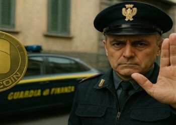 Hombre haciendo seña de parar con una moneda de onecoin al lado