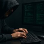 Hacker trabajando frente a una computadora con una moneda fisica de bitcoin en la mesa.