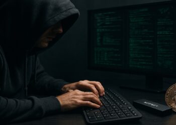 Hacker trabajando frente a una computadora con una moneda fisica de bitcoin en la mesa.