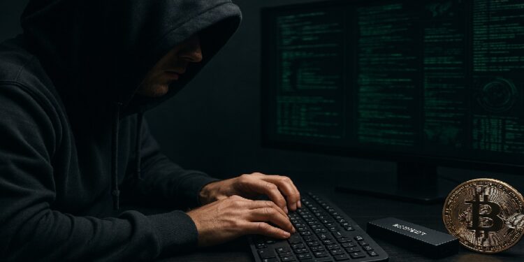 Hacker trabajando frente a una computadora con una moneda fisica de bitcoin en la mesa.