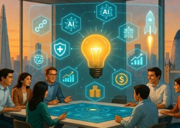 “Seis personas reunidas alrededor de una mesa digital con hologramas de innovación y tecnología, en una oficina con vista a rascacielos de Londres.